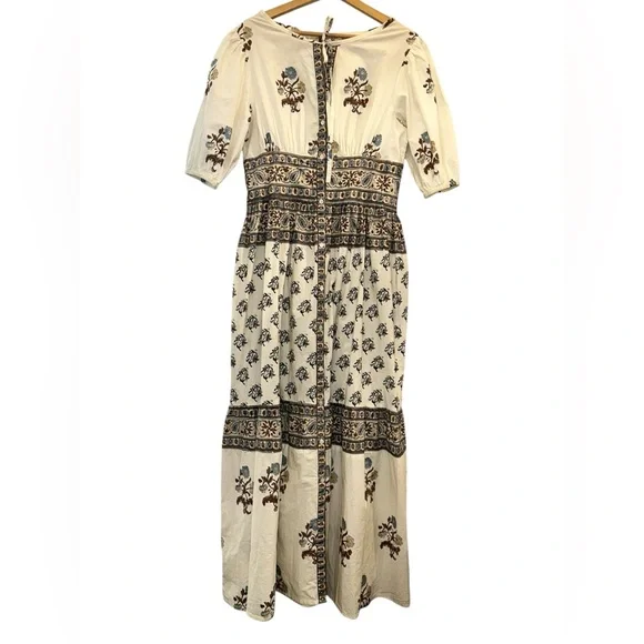 Hannah Camilla Ellipse Cotton Blockprint Puff Sleeve Tie Neck Maxi Dress - Picture 2 of 5